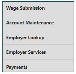 beacon website screen showing navigation options of wage submission, account maintenance, employer lookup, employer services and payments